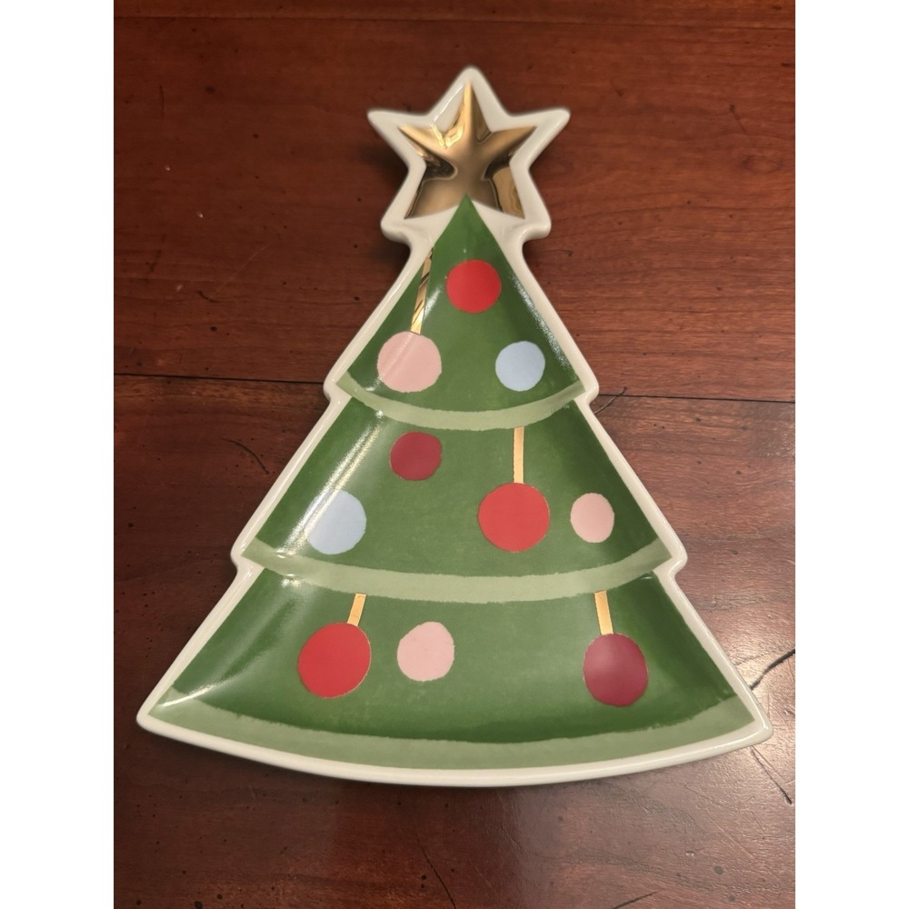8"L x 5"W Stoneware Christmas Tree Plate w/ Gold Electroplating,‎ Multi Color